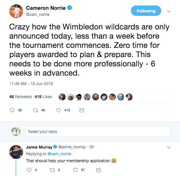 Jamie Murray reply to Cameron Norrie Wimbledon tweet