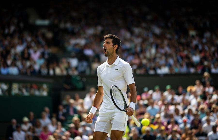 Novak Djokovic shouts at Wimbledon 2019
