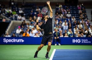 Roger Federer serves at US Open 2019