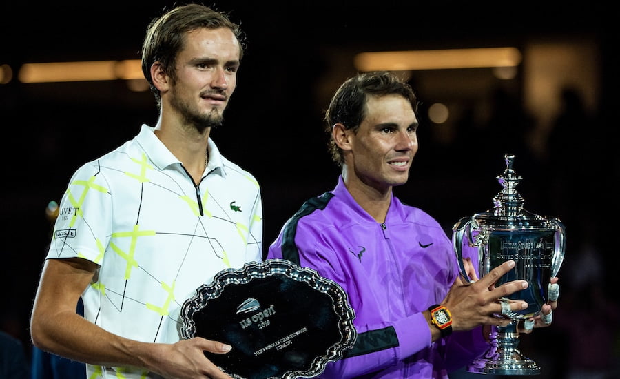 Danill Medvedev US Open final with trophy and Nadal