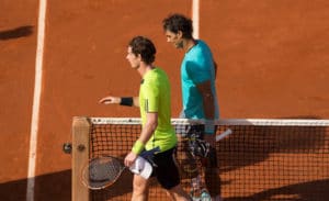 Andy Murray and Rafa Nadal after their match at the French Open 2014.JPG