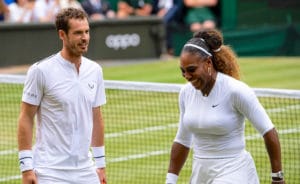 Andy Murray laughs with Serena Williams Wimbledon 2019