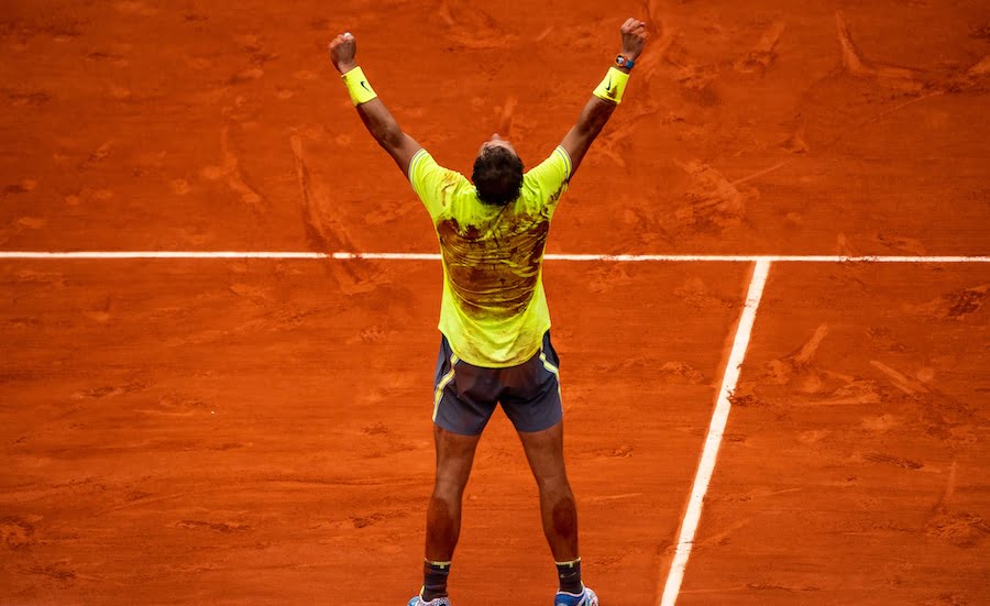 Rafa Nadal arms aloft Roland Garros 2019