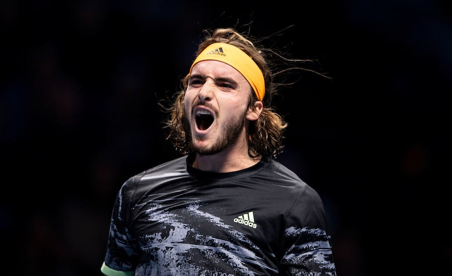 Stefanos Tsitsipas celebrates victory Daniil Medvedev ATP Finals 2019