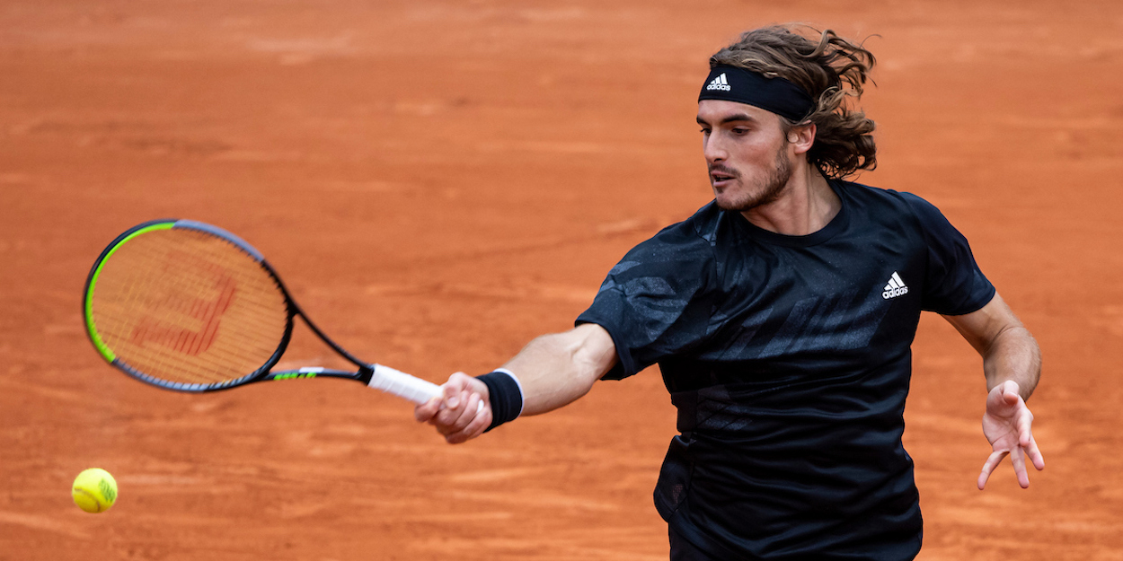 Stefanos Tsitsipas plays a forehand at French Open 2020