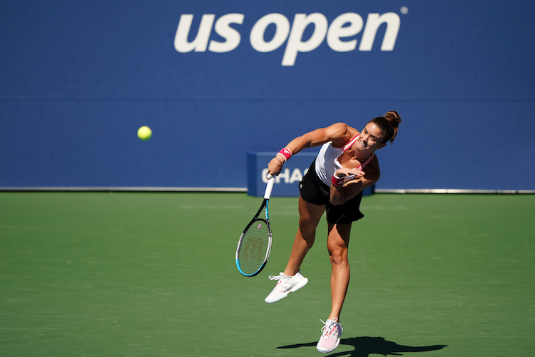 Maria Sakkari serves during her match against Serena Williams at the 2020 US Open