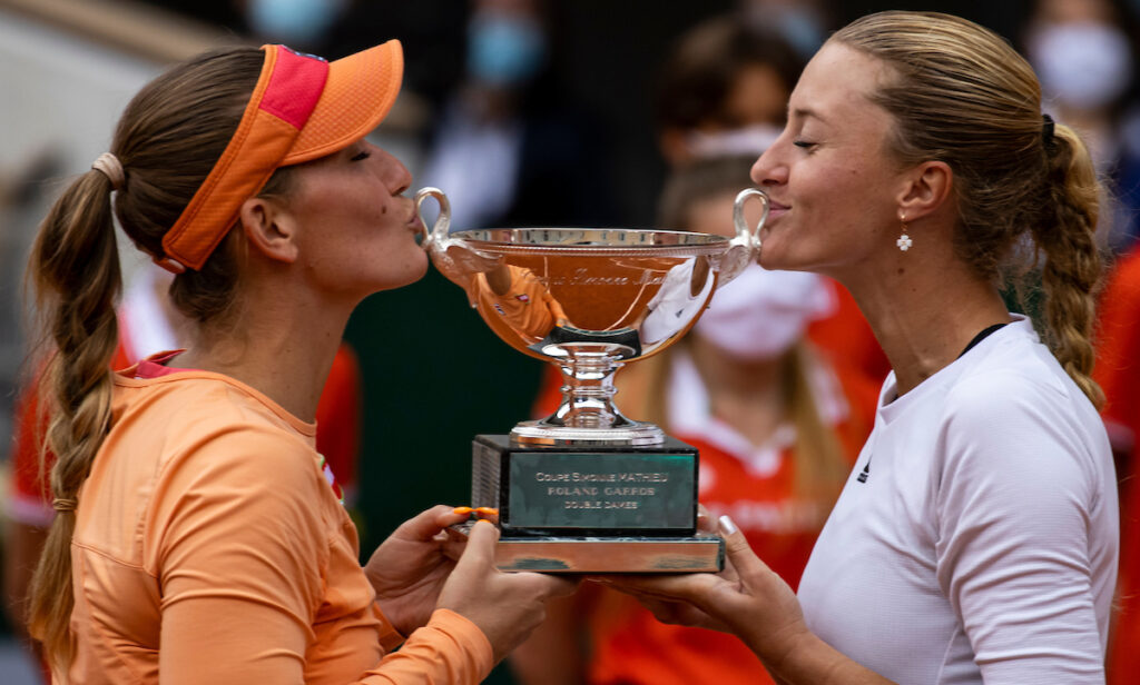 Timea Babos and Kristina Mladenovic winning the French Open doubles in 2020