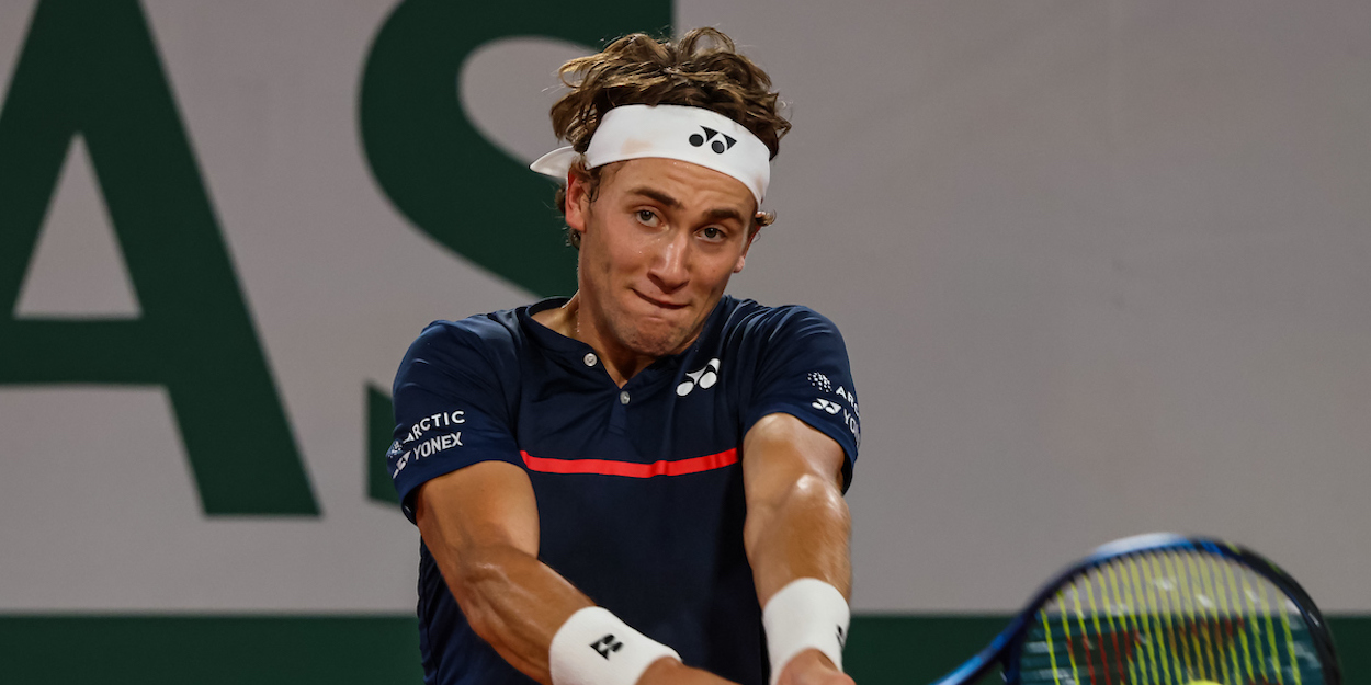 Casper Ruud plays a backhand at French Open 2020