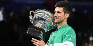 Novak Djokovic Australian Open trophy - now just two Slams behind Rafael Nadal and Roger Federer