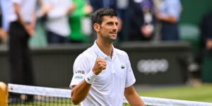Novak Djokovic celebrates at Wimbledon 2021