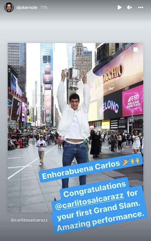Novak Djokovic Carlos Alcaraz US Open Instagram story
