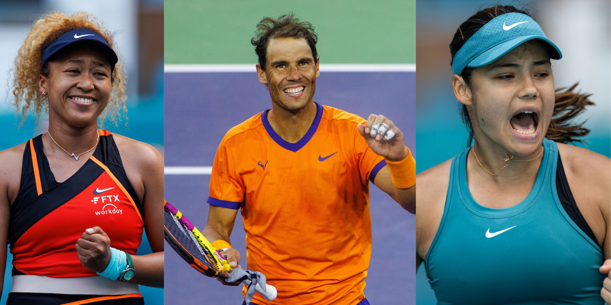 Naomi Osaka - Miami Open 2022, Rafael Nadal - Indian Wells 2022, Emma Raducanu - Miami Open 2023